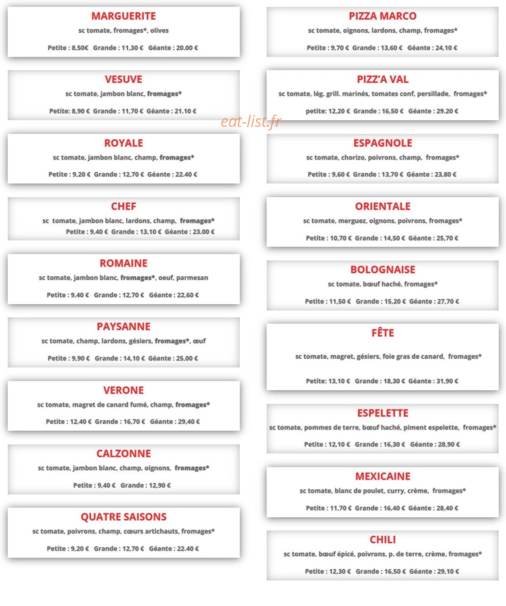 Pizza Val — carte page 1