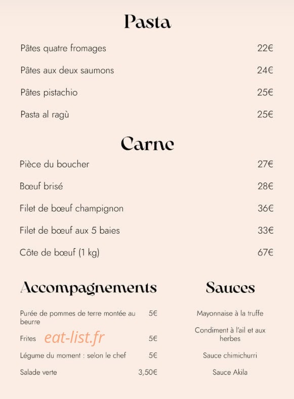 Akila Restaurant — carte page 1