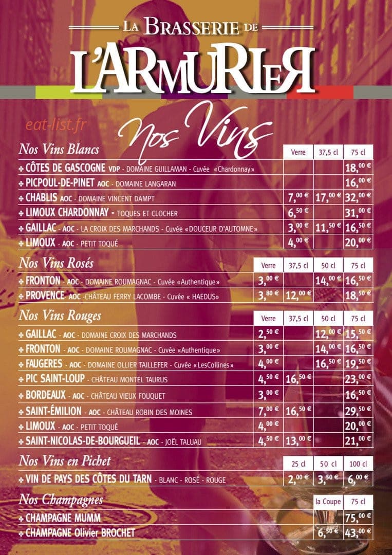 Carte et menu de La Brasserie de l'Armurier à Colomiers — Les vins