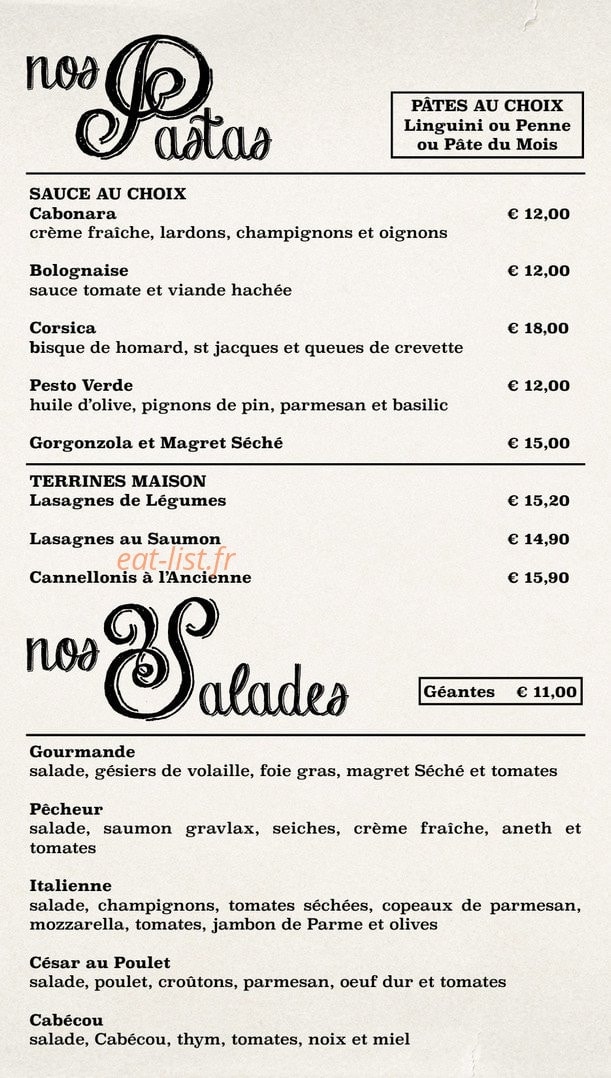 Carte et menu de La Brasserie de l'Armurier à Colomiers — Les pâtes et salades