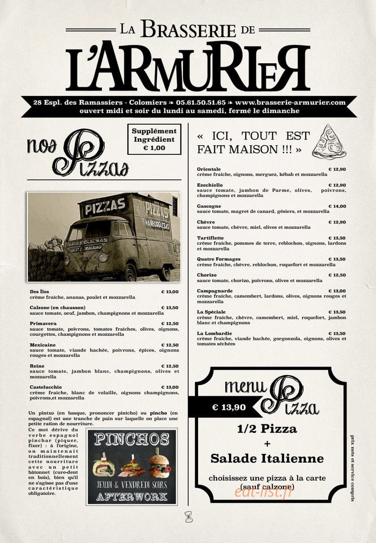 Carte et menu de La Brasserie de l'Armurier à Colomiers — Les pizzas