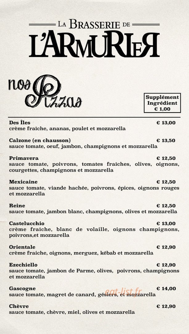Carte et menu de La Brasserie de l'Armurier à Colomiers — Les pizzas (à emporter)