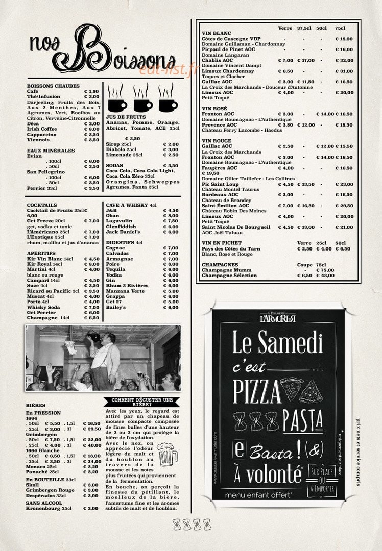 Carte et menu de La Brasserie de l'Armurier à Colomiers — Les boissons et vins