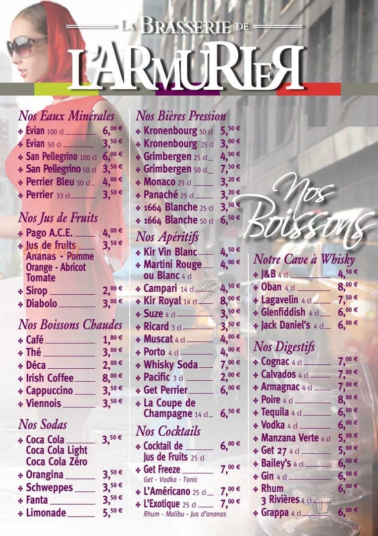 Carte et menu de La Brasserie de l'Armurier à Colomiers — Les boissons
