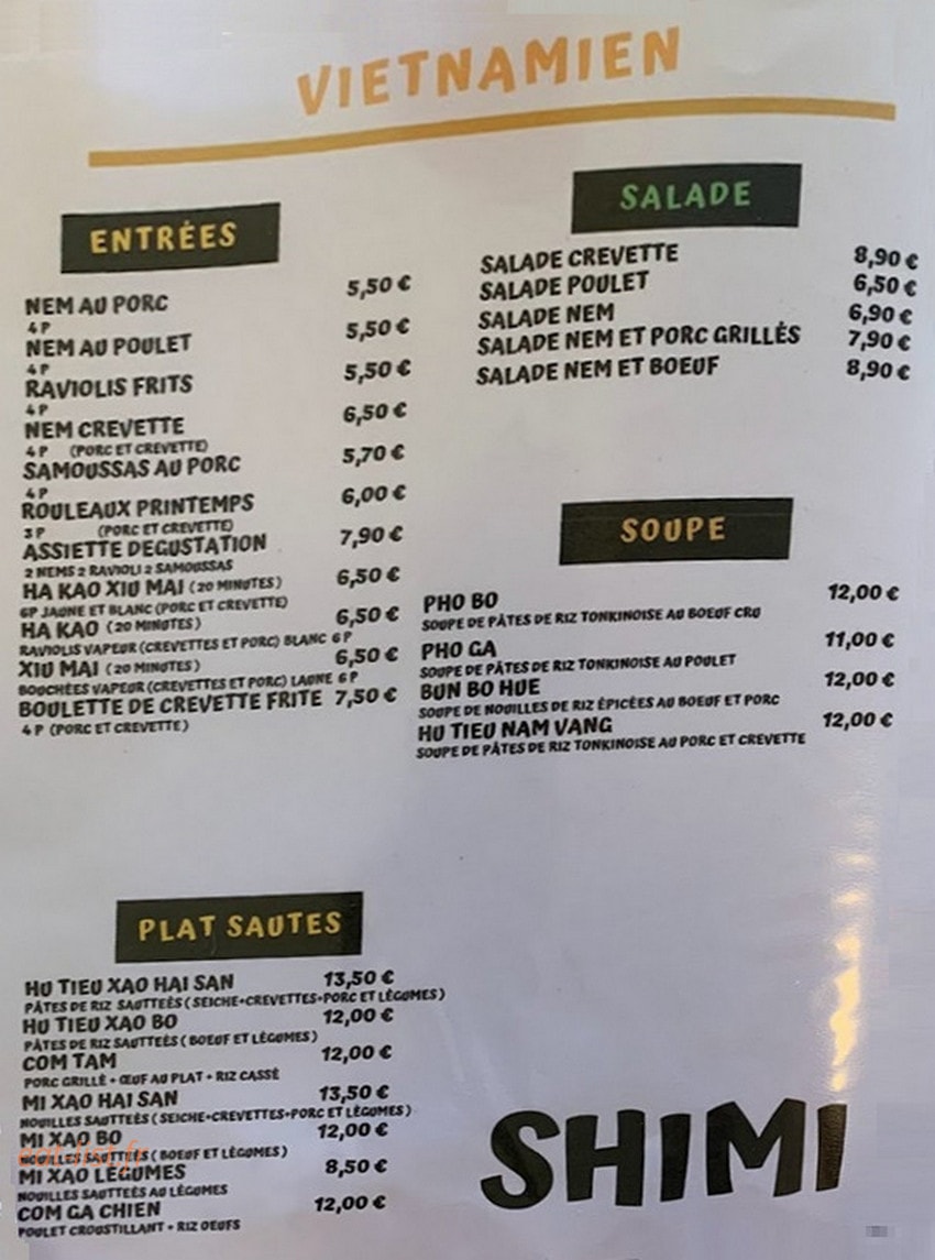 Restaurant Shimi — carte page 1
