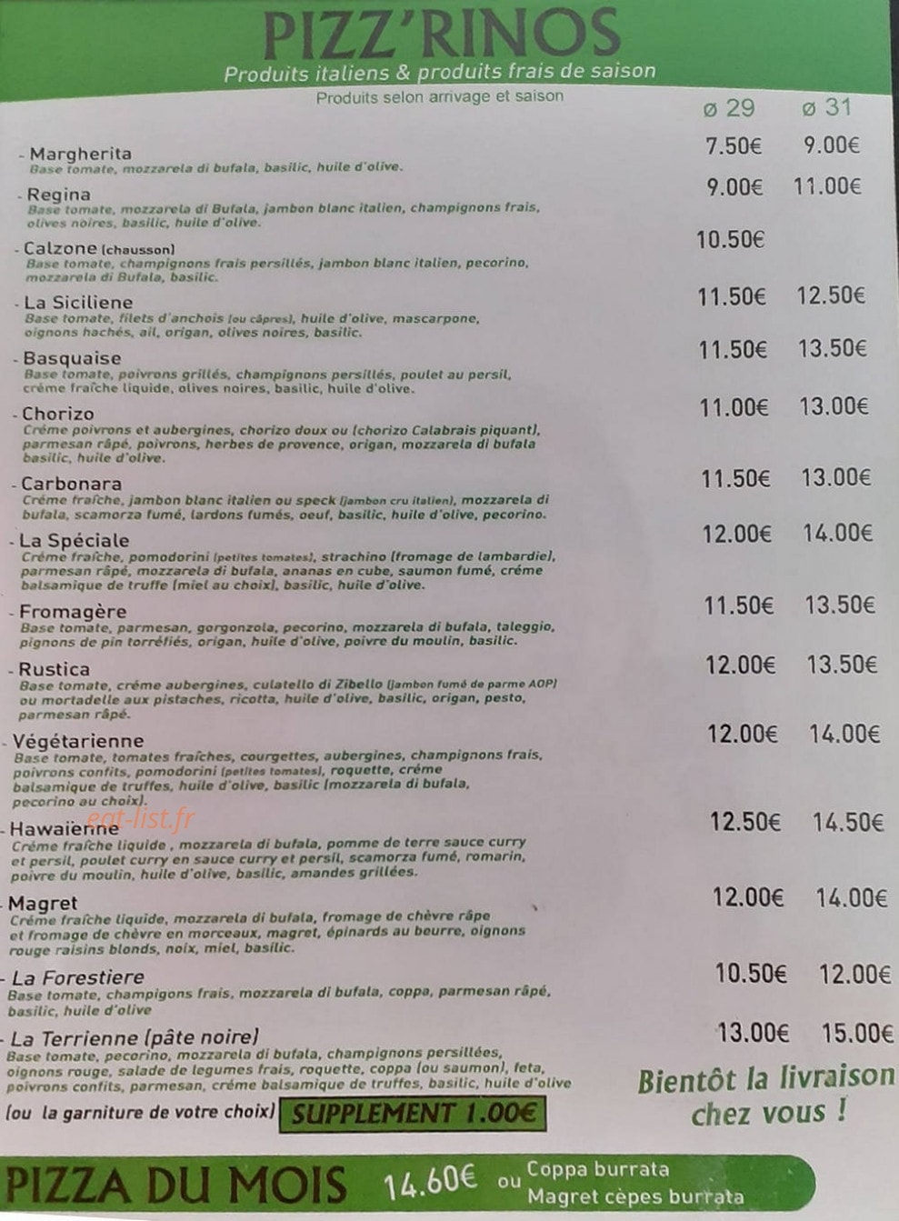 Pizz'rinos — carte page 1