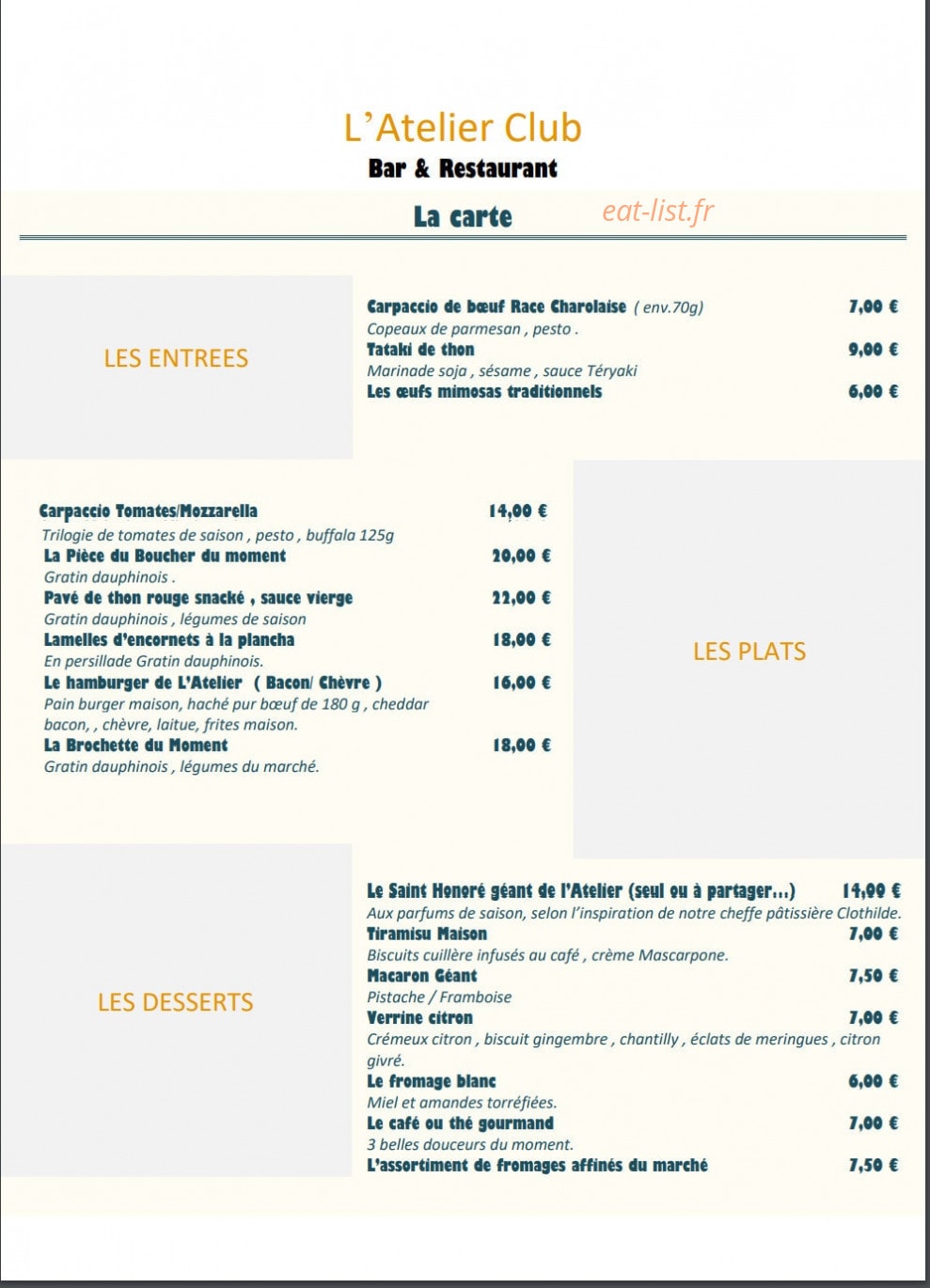 L' Atelier Club — carte page 1