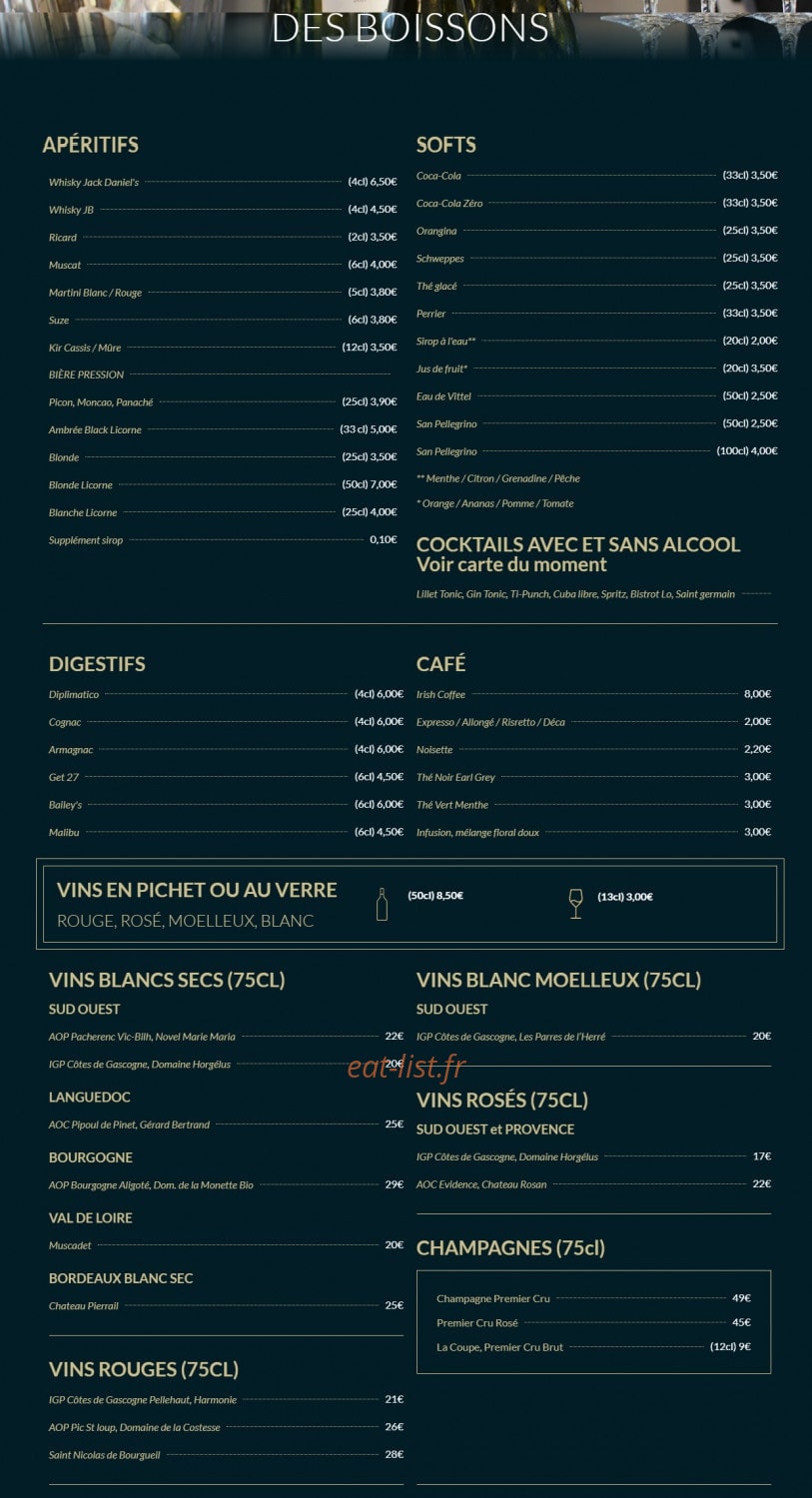 Carte et menu de Le Bistrot du Pêcheur à Plaisance du Touch — Les boissons