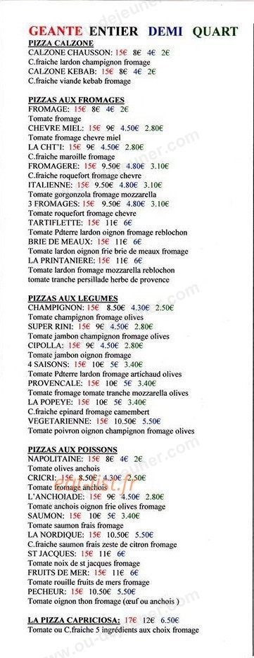 Pizza Rini — carte page 1