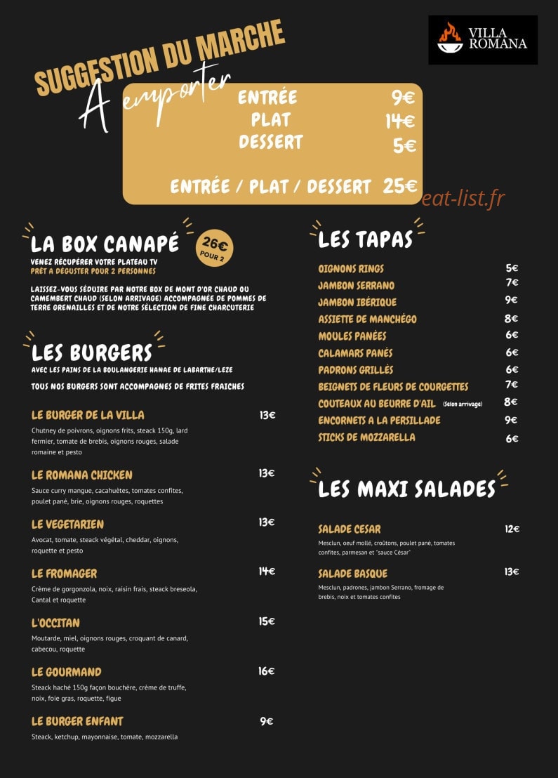 Carte et menu de Villa Romana à Labarthe sur Leze — La carte à emporter