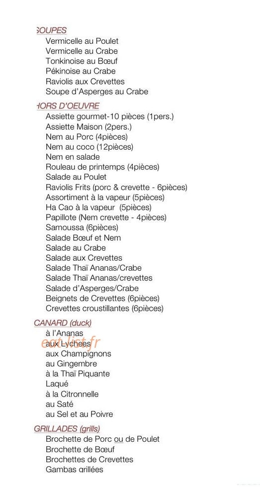 Carte et menu de Bel'Asie à La Salvetat Saint Gilles — Les soupes, hors d'oeuvre . ..