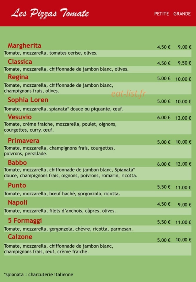 Carte et menu de Casa di Carlotta à La Salvetat Saint Gilles — les pizzas base tomate