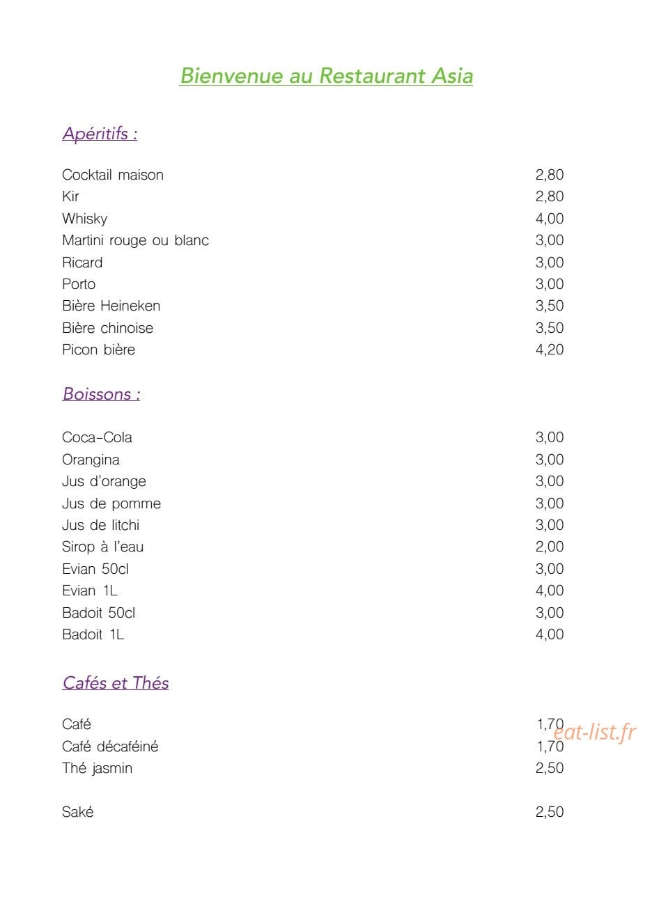 Restaurant Asia — carte page 1