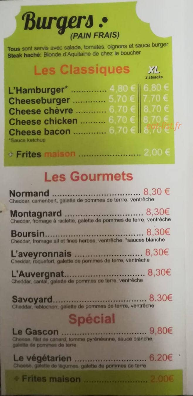 O' Folies Burgers — carte page 1