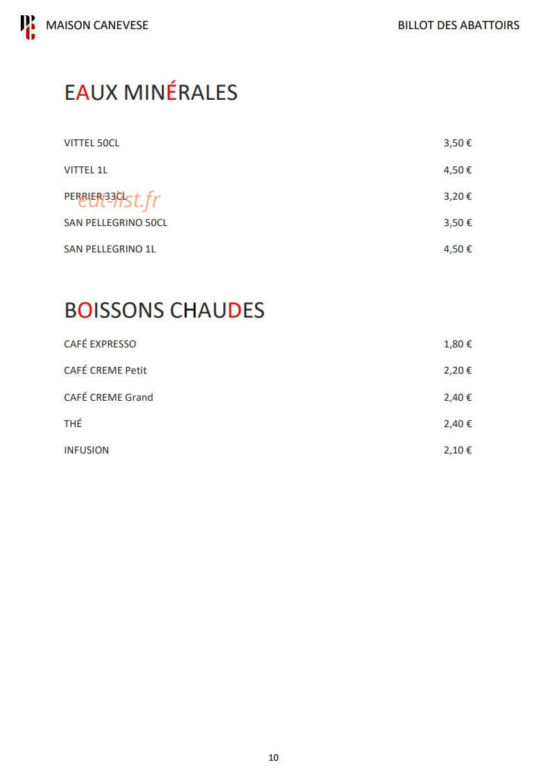 Carte et menu de Billot des Abattoirs à Mauvezin — Eaux et boissons chaudes