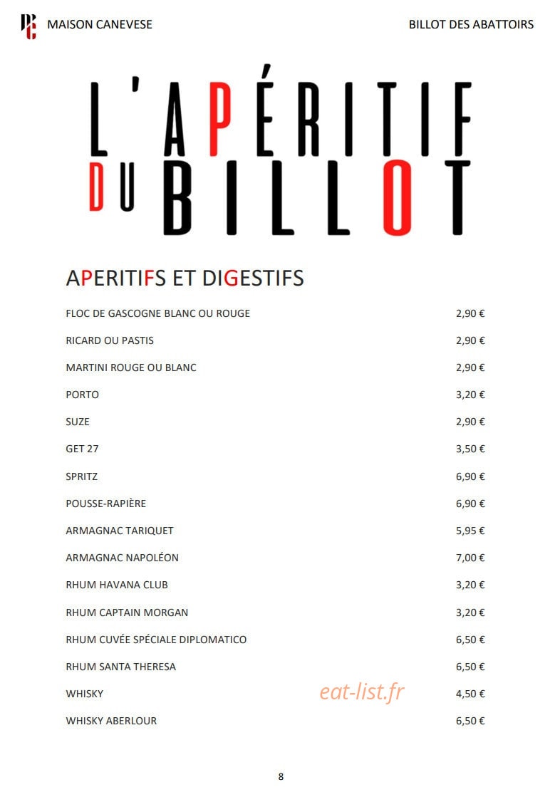 Carte et menu de Billot des Abattoirs à Mauvezin — Les apéritifs et digestifs