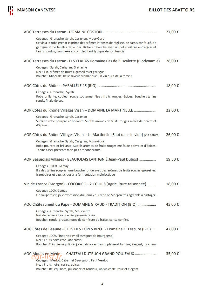 Carte et menu de Billot des Abattoirs à Mauvezin — Les vins rouges suite