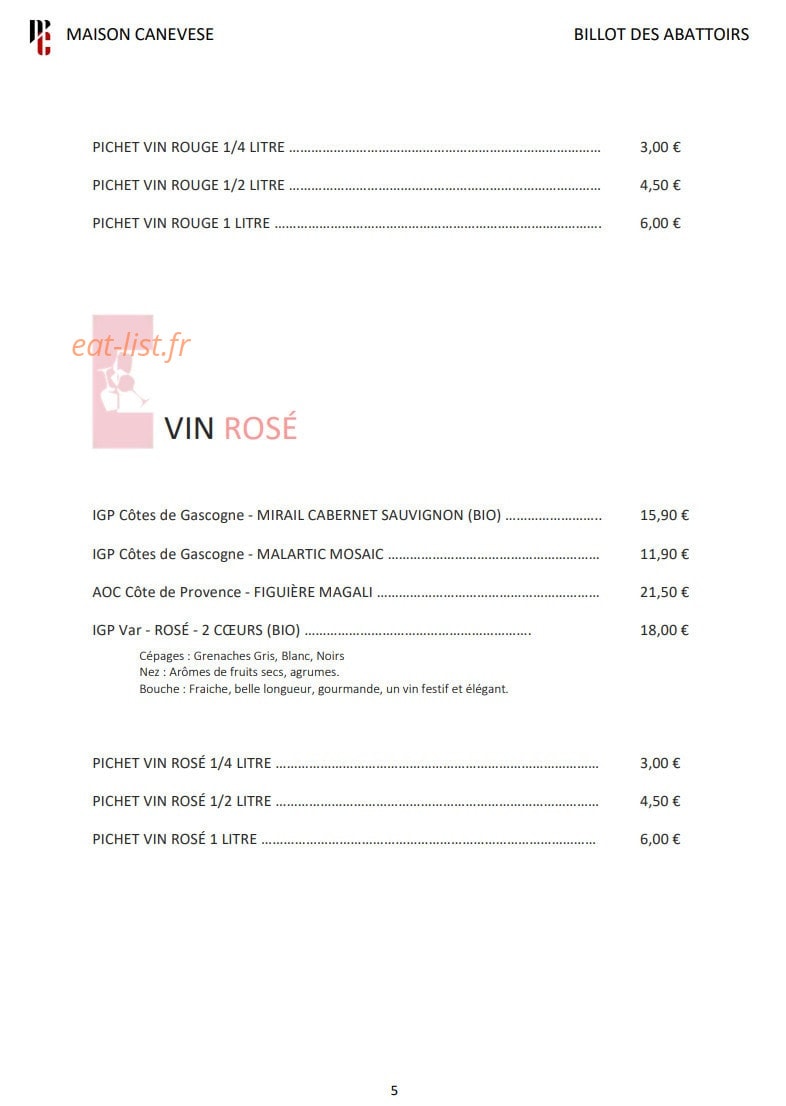 Carte et menu de Billot des Abattoirs à Mauvezin — Les vins rosés