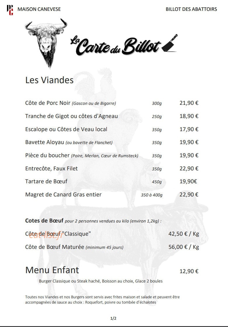 Carte et menu de Billot des Abattoirs à Mauvezin — Les viandes et menus enfants