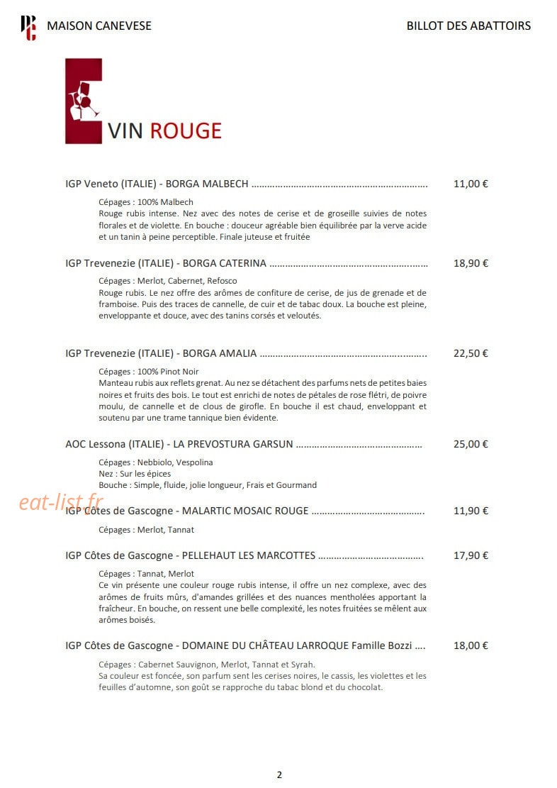 Carte et menu de Billot des Abattoirs à Mauvezin — Les vins rouges