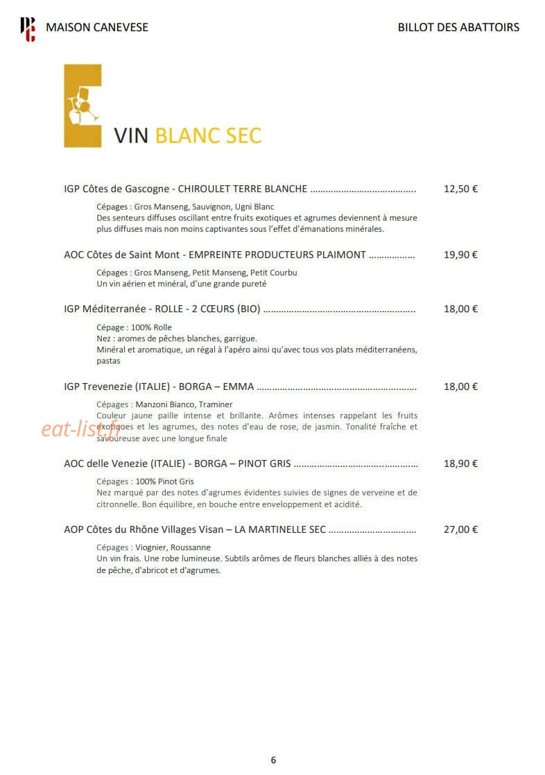 Carte et menu de Billot des Abattoirs à Mauvezin — Les vins blancs sec