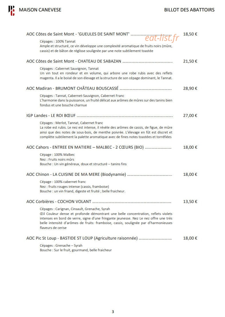 Carte et menu de Billot des Abattoirs à Mauvezin — Les vins rouges suite