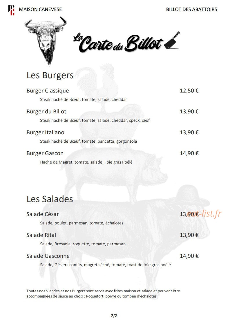 Carte et menu de Billot des Abattoirs à Mauvezin — Les burgers et salades