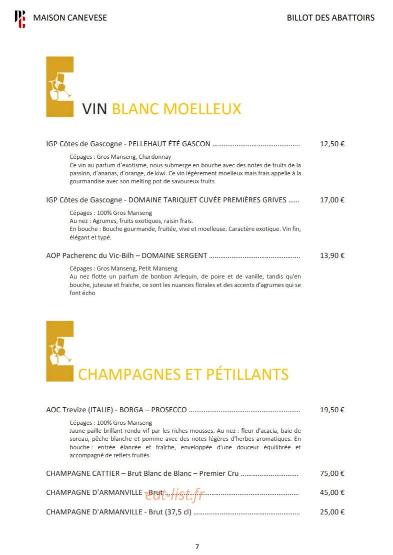 Carte et menu de Billot des Abattoirs à Mauvezin — Les vins blancs moelleux, champagnes et pétillants
