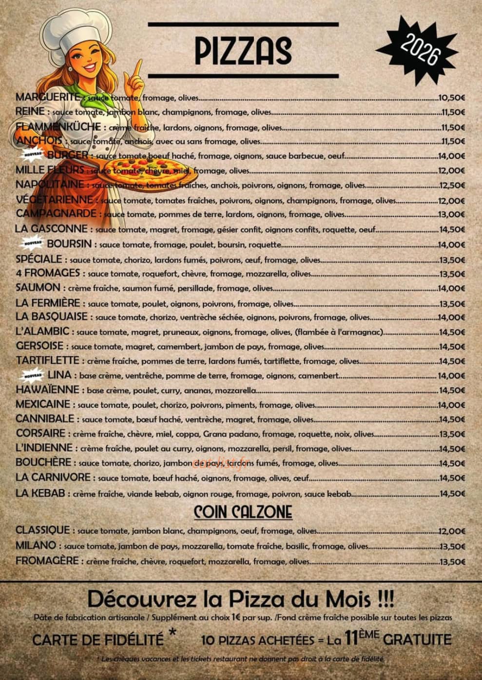 Caza Pizza — carte page 1