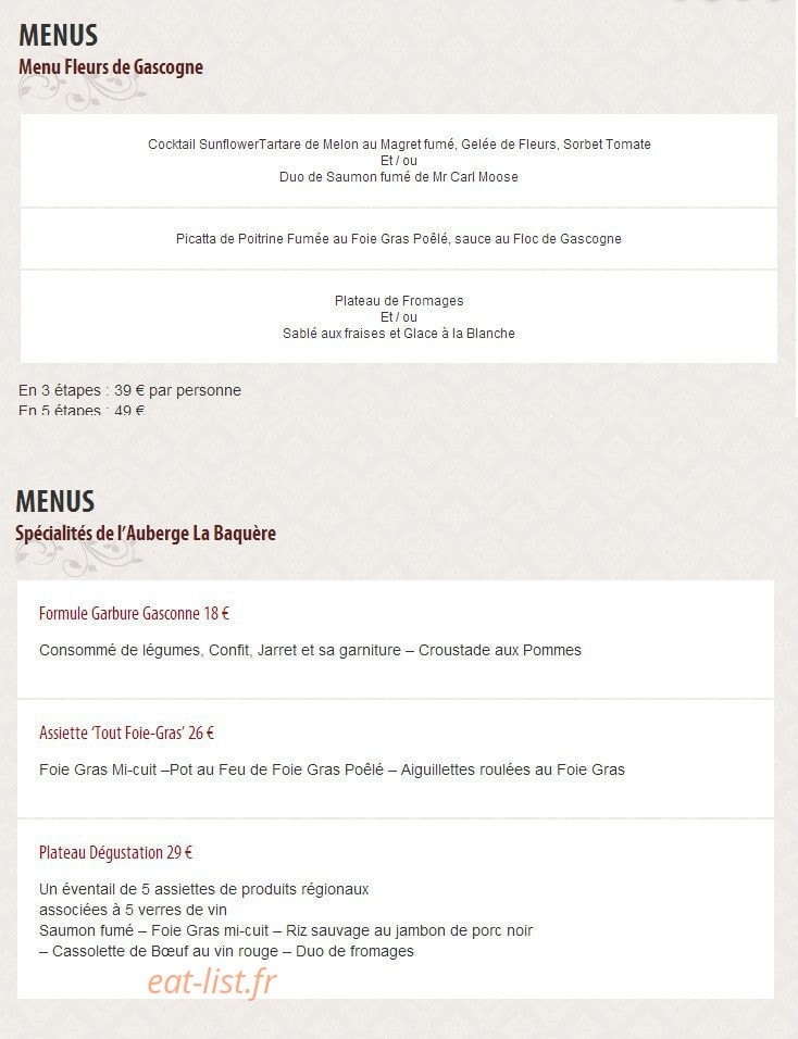 Auberge La Baquère — carte page 2
