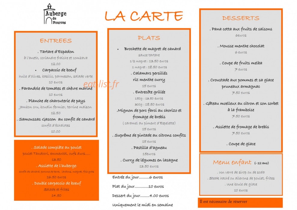 Auberge De Fources — carte page 1