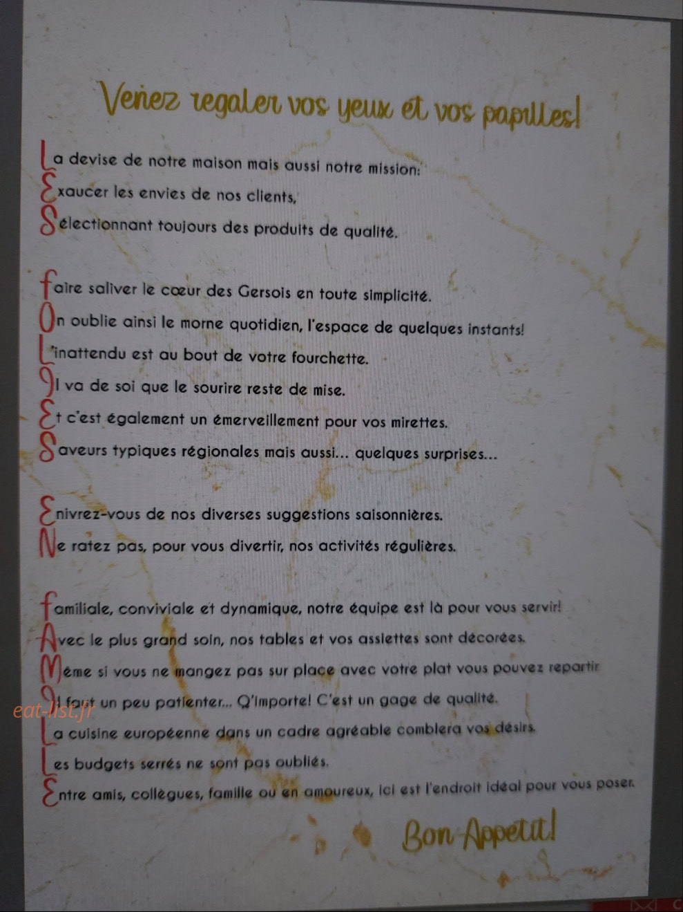Carte et menu de Les Folies en Famille à Saint Puy — L'accrostiche