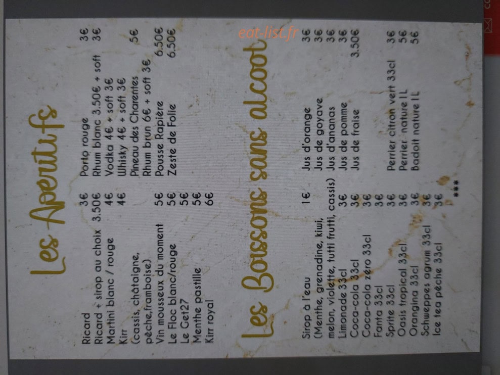 Carte et menu de Les Folies en Famille à Saint Puy — Les apéritifs, boissons sans alcool