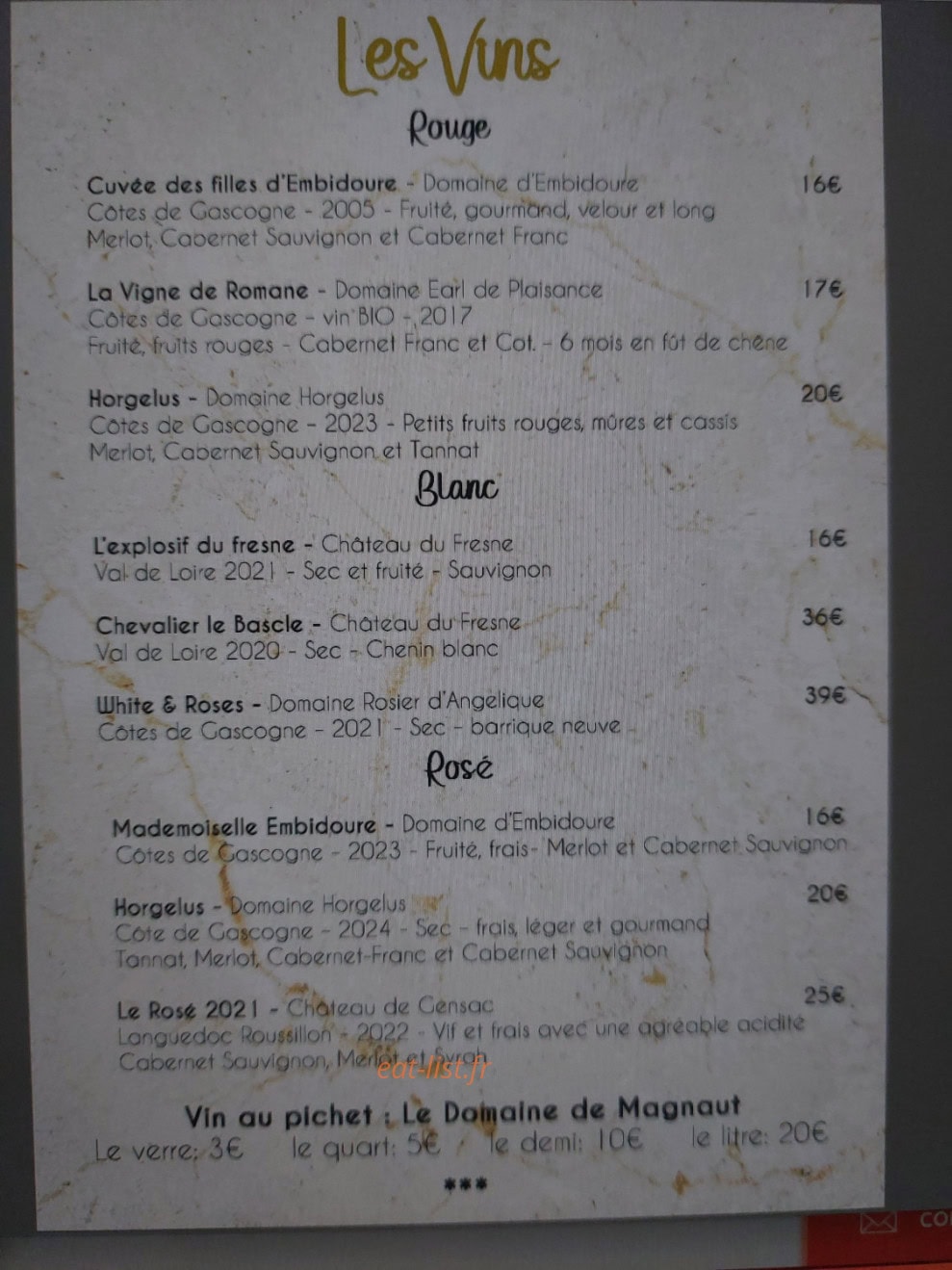 Carte et menu de Les Folies en Famille à Saint Puy — Les vins