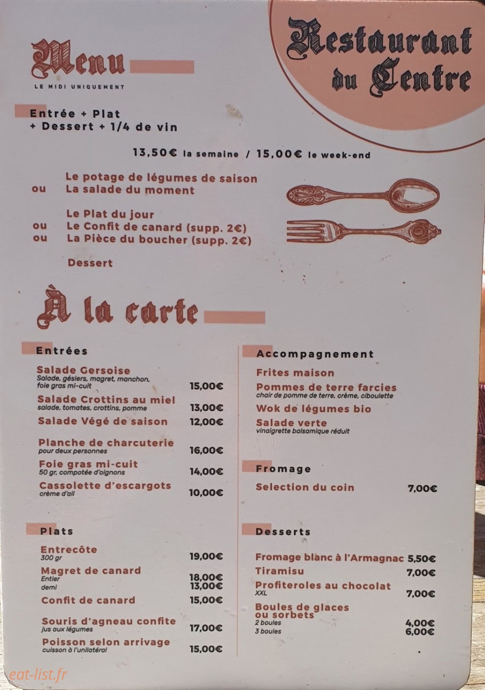 Restaurant du centre — carte page 1