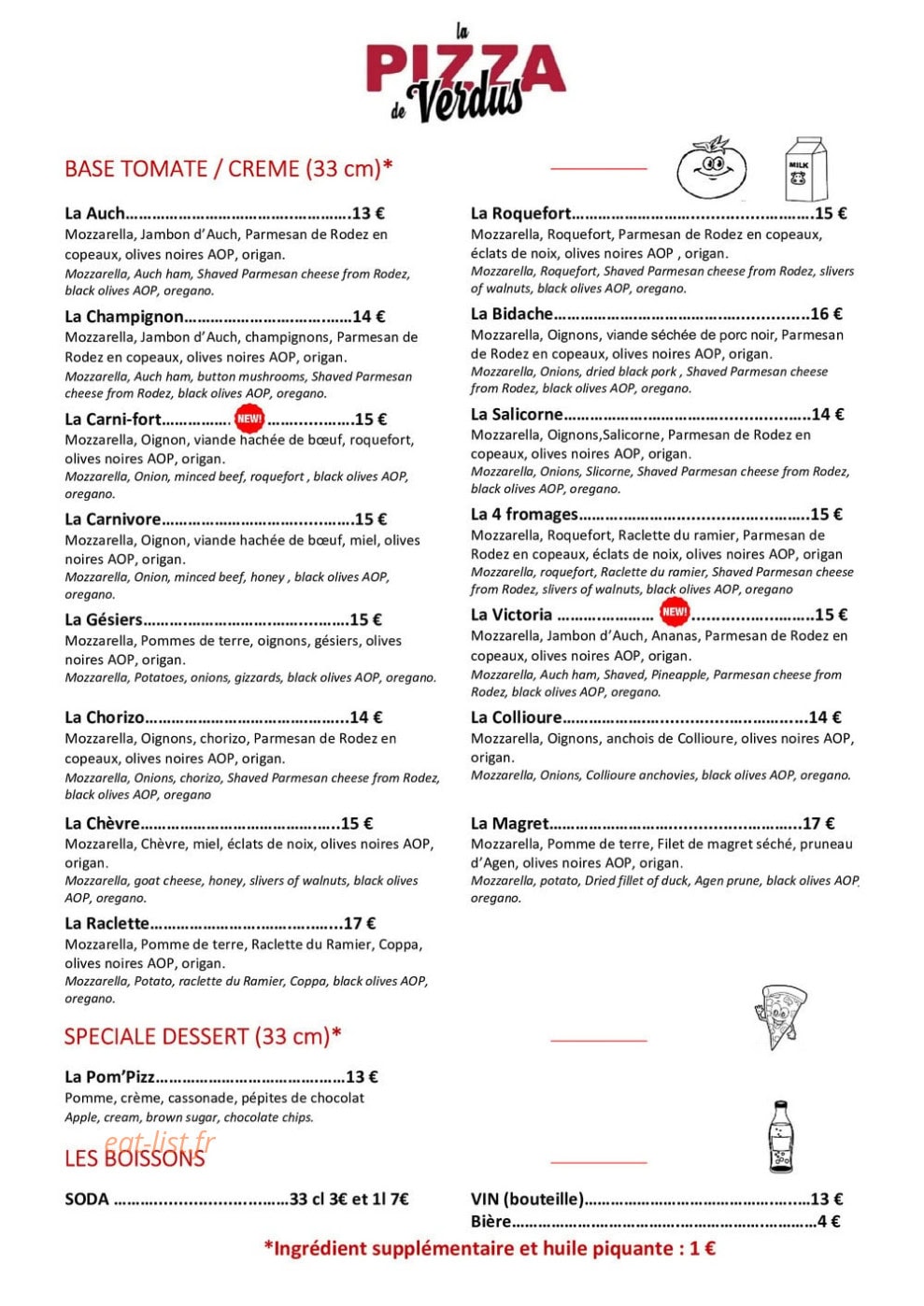La Pizza de Verdus — carte page 1