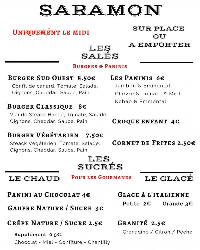 Snack du Lac Saramon — carte page 1