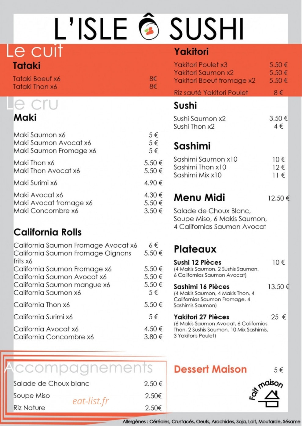 Carte et menu de L'Isle ô sushi à L' Isle Jourdain — La carte