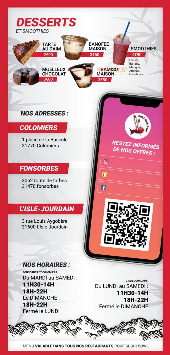 Carte et menu de Poke sushi bowl à L' Isle Jourdain — Desserts et informations