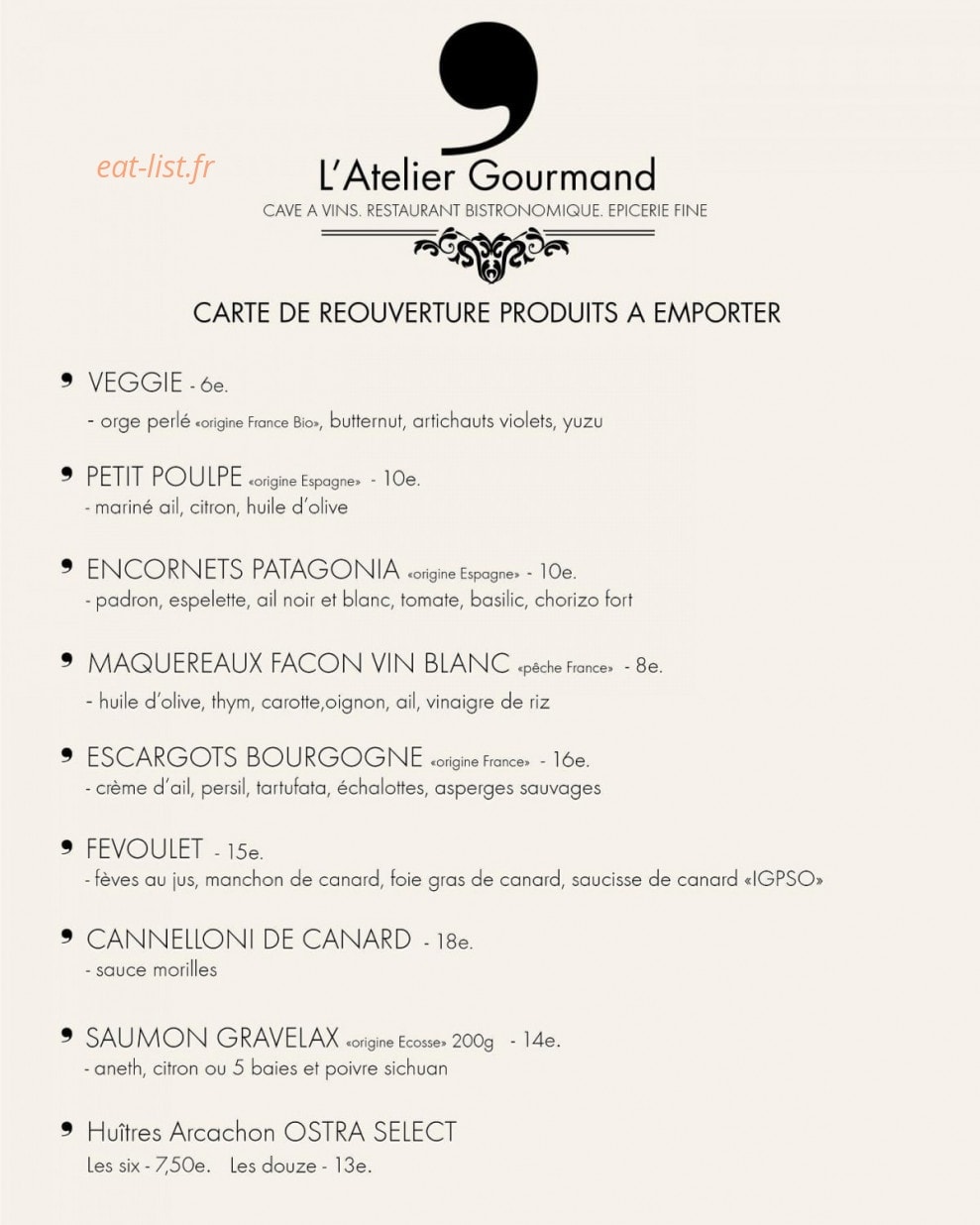 L'Atelier Gourmand — carte page 1