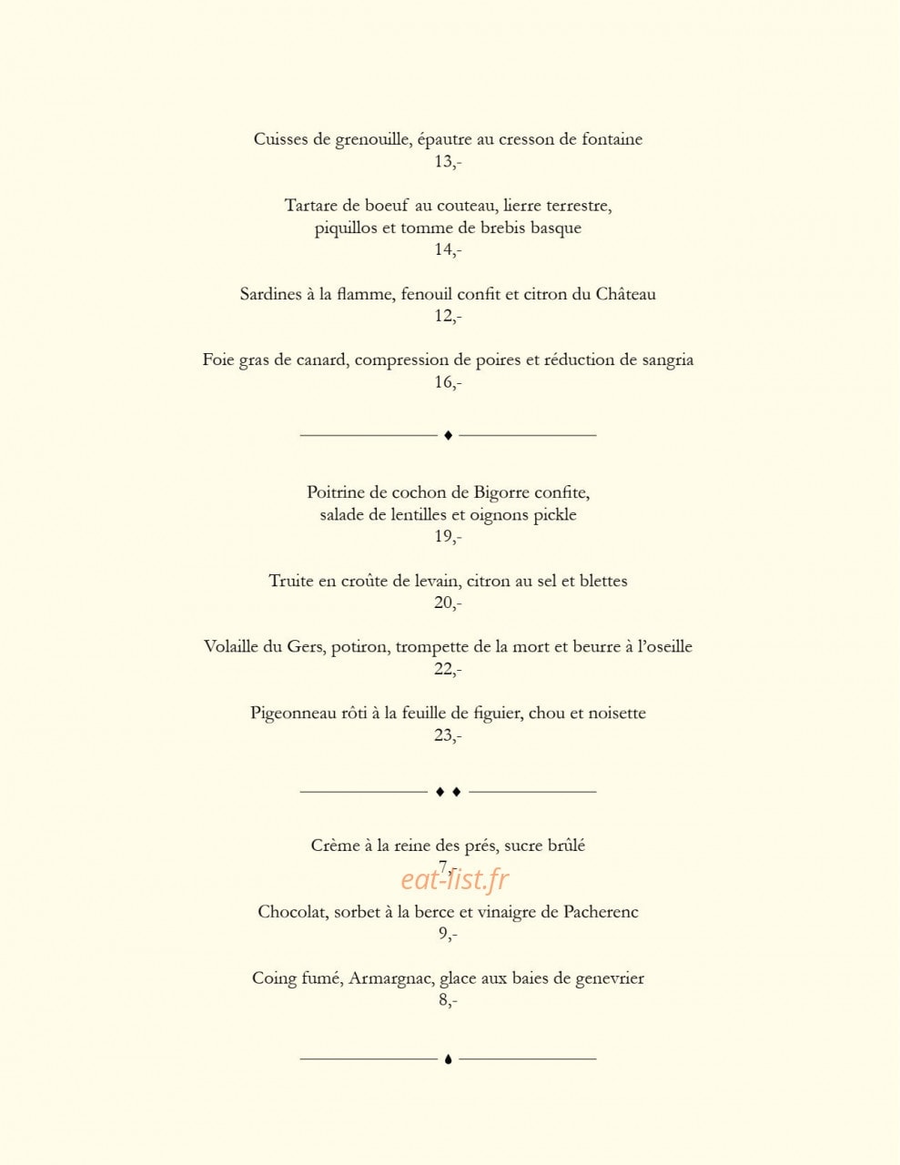 Racine Restaurant — carte page 1