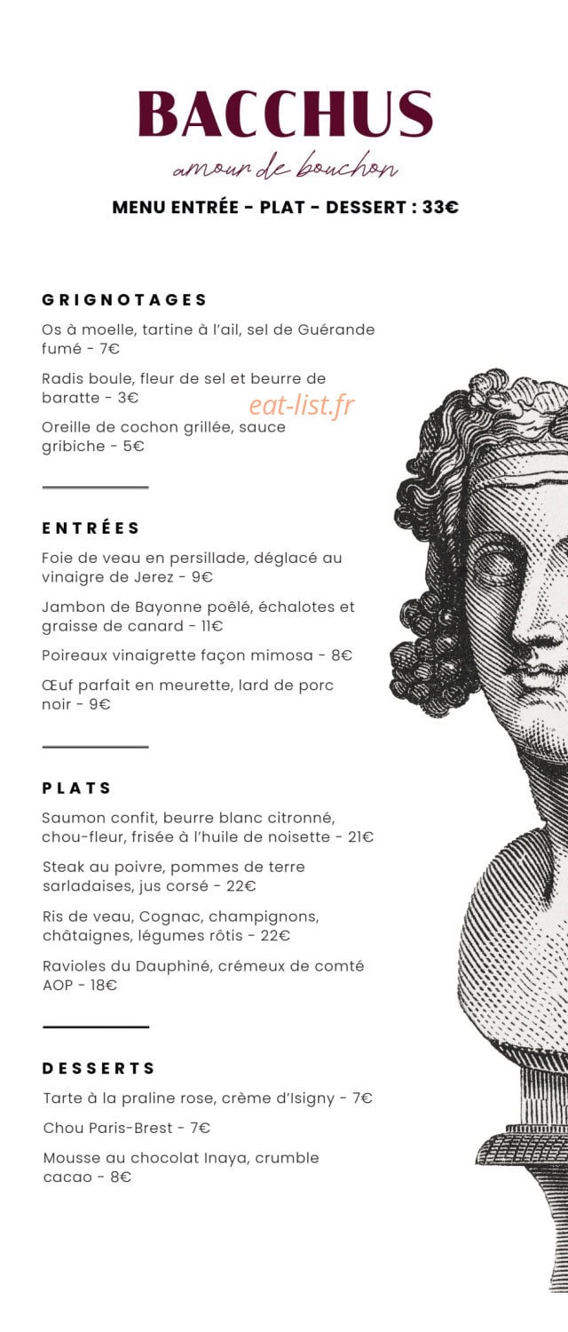Bacchus Restaurant — carte page 1