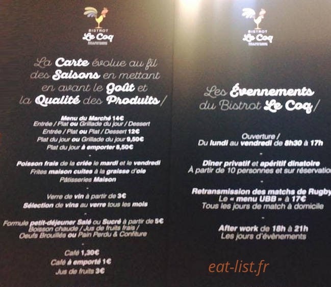 Bistrot Le Coq — carte page 1