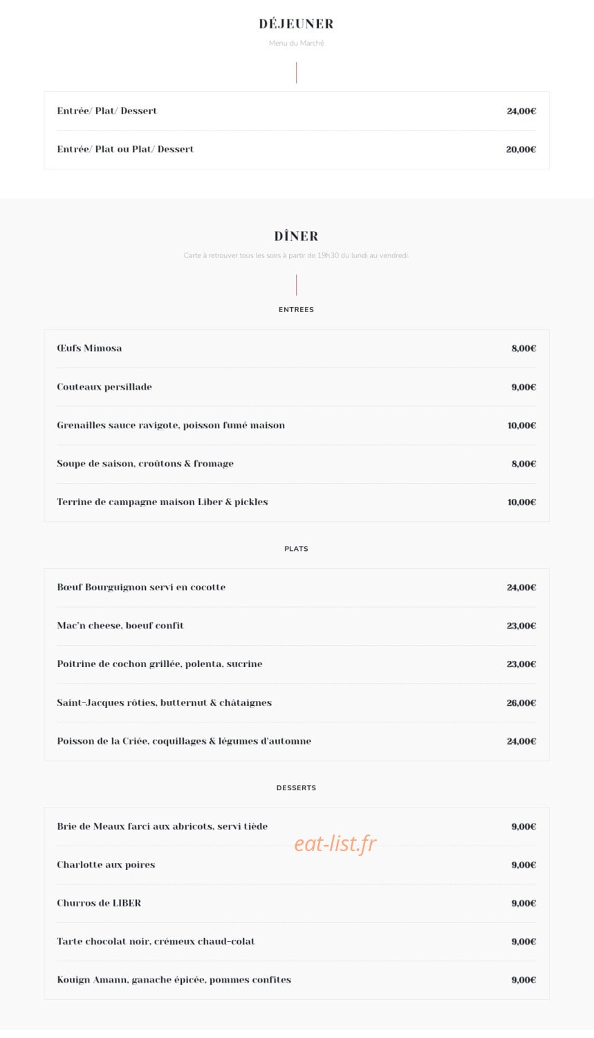 Brasserie Liber — carte page 1