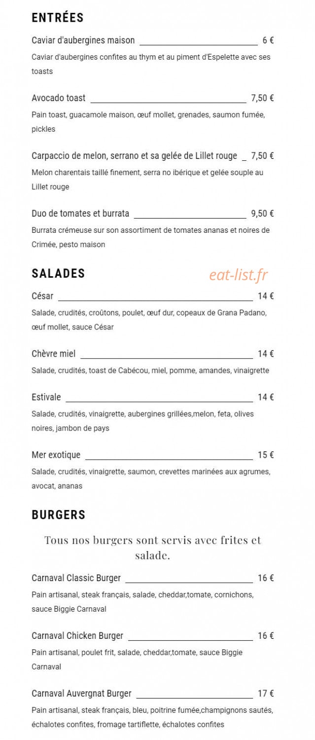 Carnaval Café — carte page 1