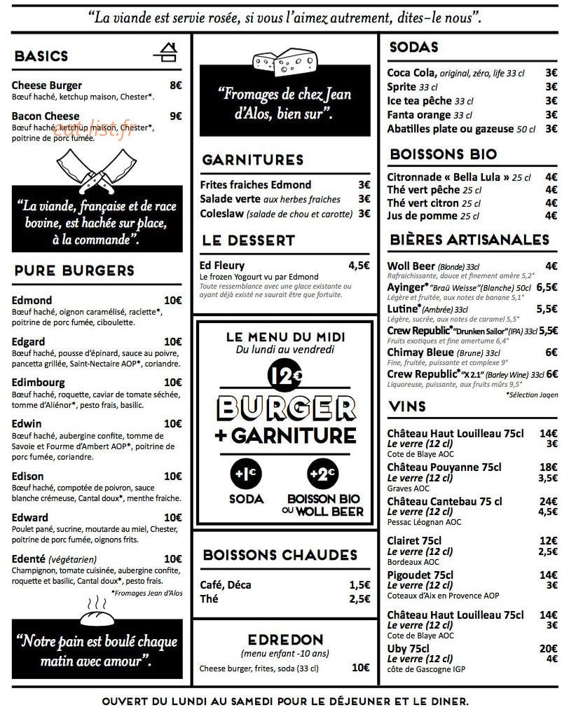 Edmond Pure Burger — carte page 1