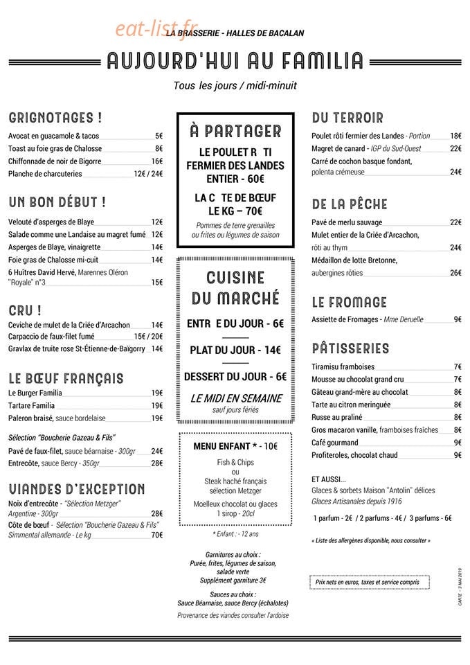 Carte et menu de Familia  Brasserie des Halles à Bordeaux — Les menus