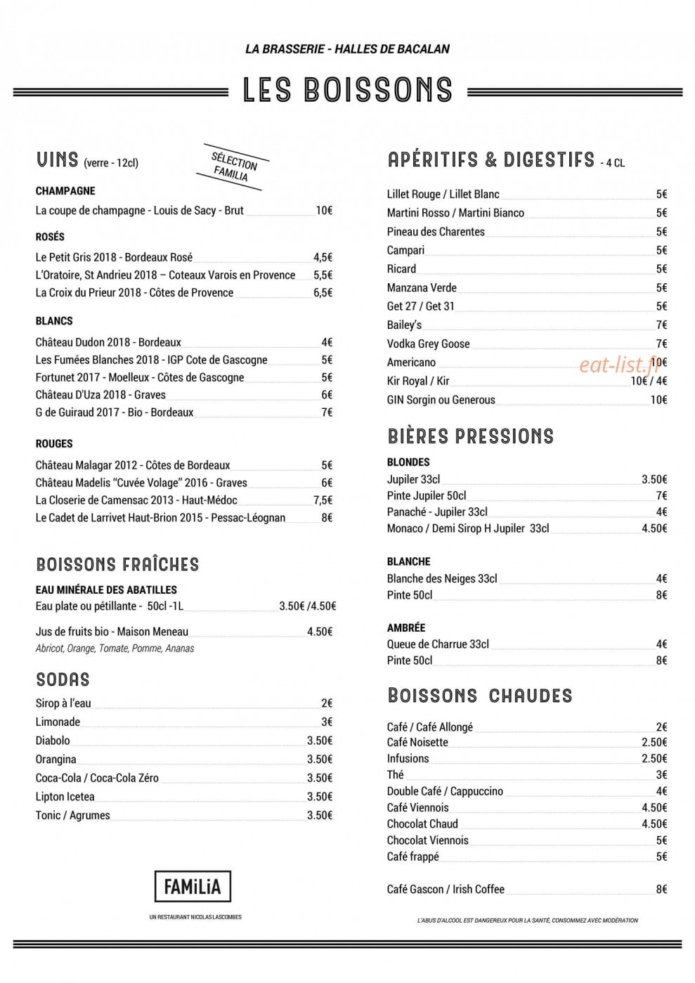 Carte et menu de Familia  Brasserie des Halles à Bordeaux — les boissons