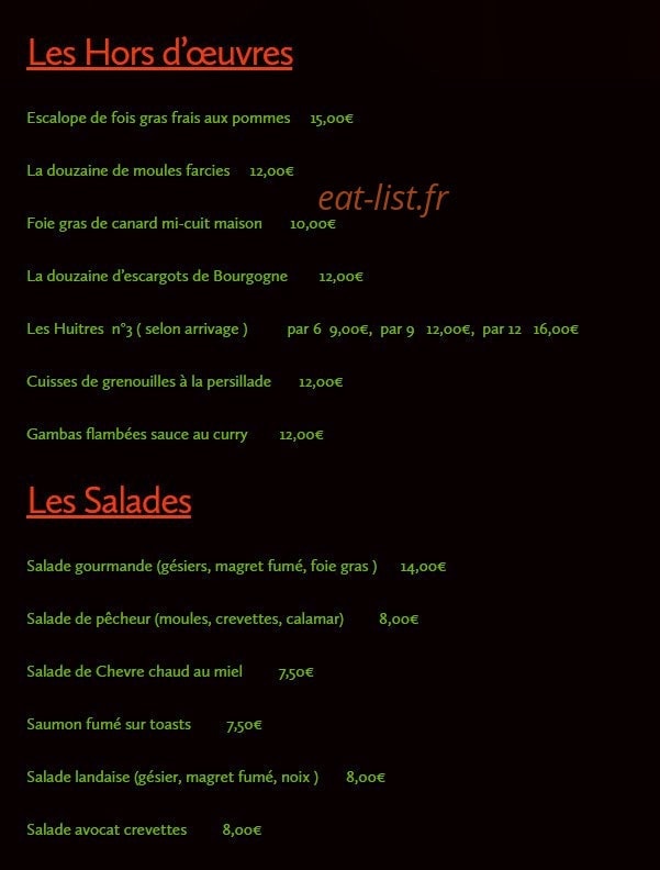 Carte et menu de L’Agneau à la Braise à Bordeaux — Les hors d'oeuvres et salades