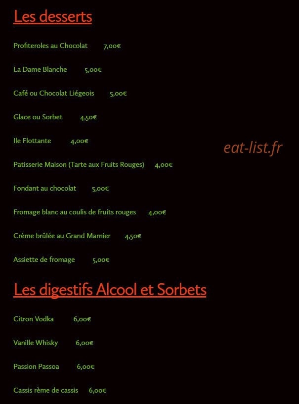 Carte et menu de L’Agneau à la Braise à Bordeaux — Les desserts, digestifs,...
